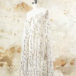 Gold and White Drip Sequined Hanging Fringe Mesh Fabric