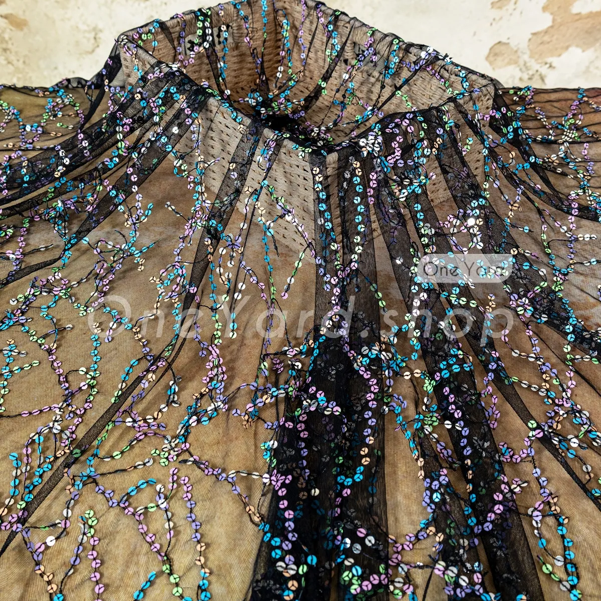 colorful fringed sequin on black mesh colorful fringed sequin on black mesh