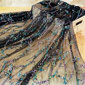Glamorous Colorful Fringed Sequin on Black Mesh Fabric