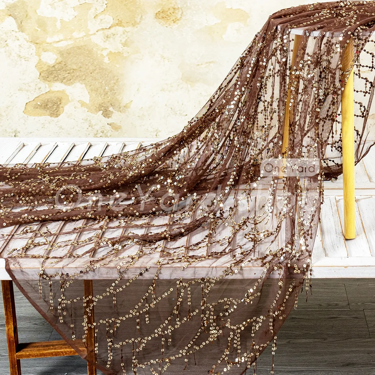 brown long dangling sequin mesh fabric brown long dangling sequin mesh fabric