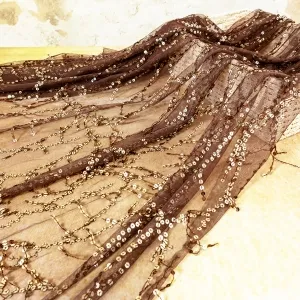 Brown Sequin Vine-like Fringe Sheer Mesh Fabric