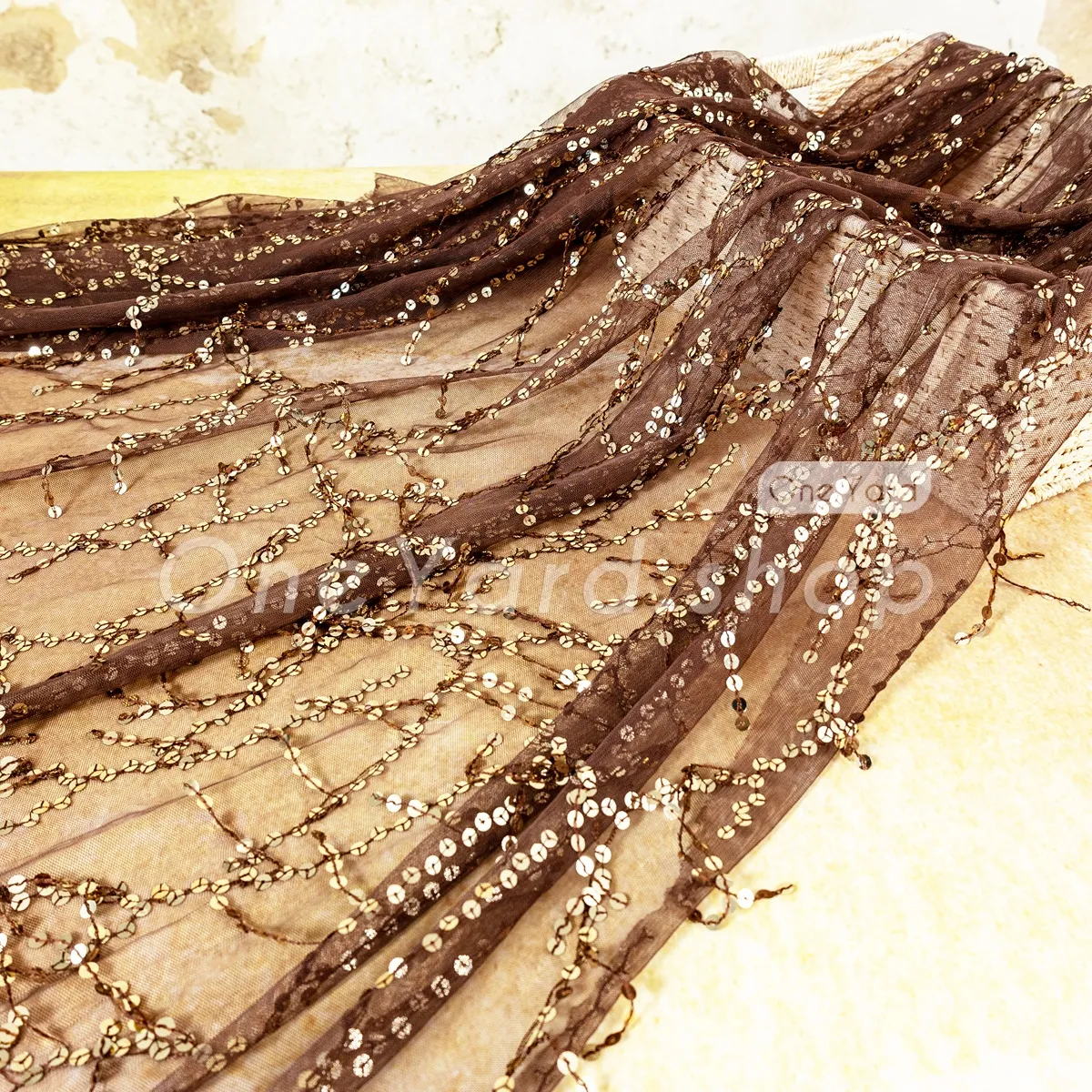 brown sequin vine like fringe sheer mesh fabric brown sequin vine like fringe sheer mesh fabric