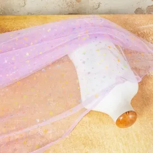 multi color heart and star printed lilac tulle fabric