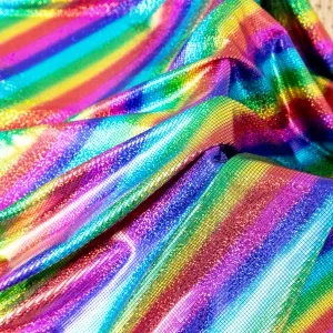vibrant rainbow striped metallic mosaic lame fabric