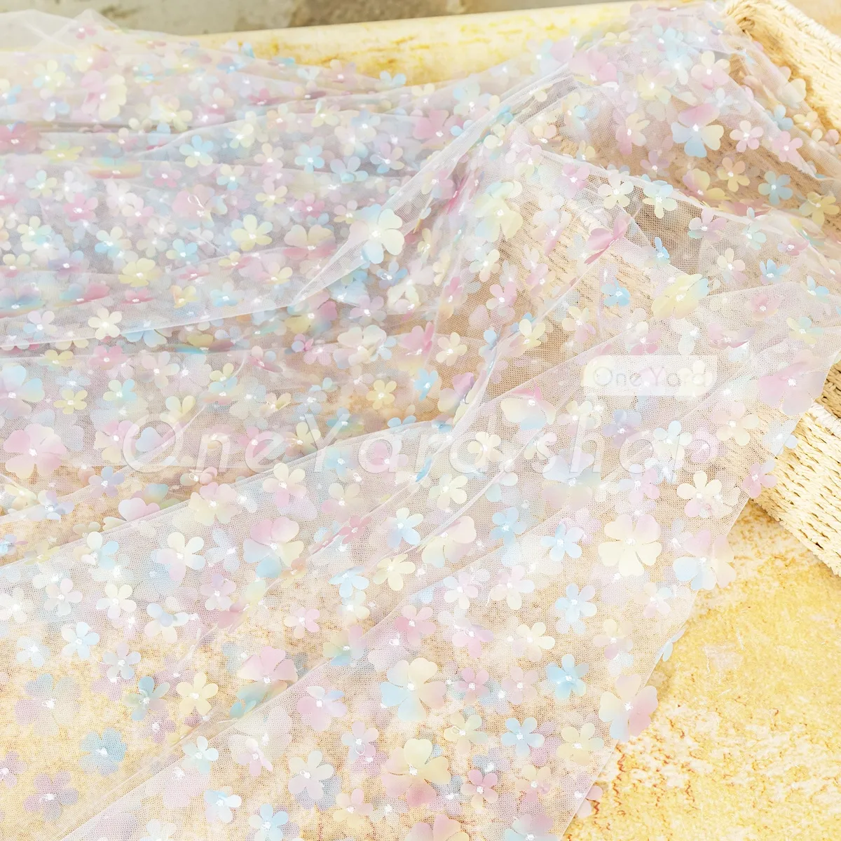 whimsical pastel yellow rose pink and blue 3D flower fabric whimsical pastel yellow rose pink and blue 3D flower fabric