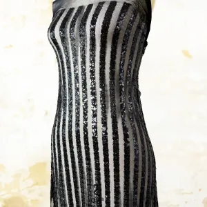 modern black striped sequin mesh fabric by the yard
