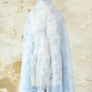 sequinned light blue large daisy mesh embroidery fabric