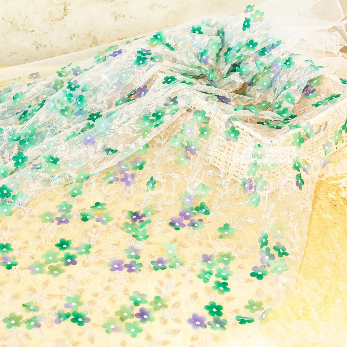 3D flowers are intertwined with sequin vines and leafy branches 3D flowers are intertwined with sequin vines and leafy branches