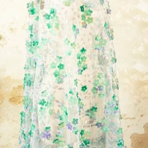 3D green and lilac flower sequinned embroidery fabric