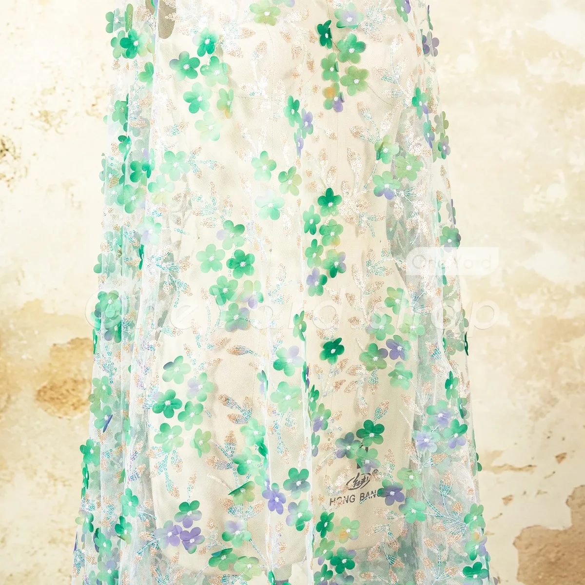3D green and lilac flower sequinned embroidery fabric 3D green and lilac flower sequinned embroidery fabric