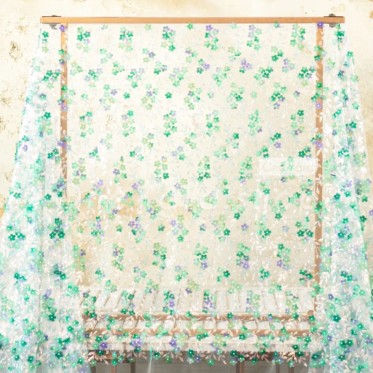 green and lilac purple whimsical 3D floral embroidery fabric green and lilac purple whimsical 3D floral embroidery fabric
