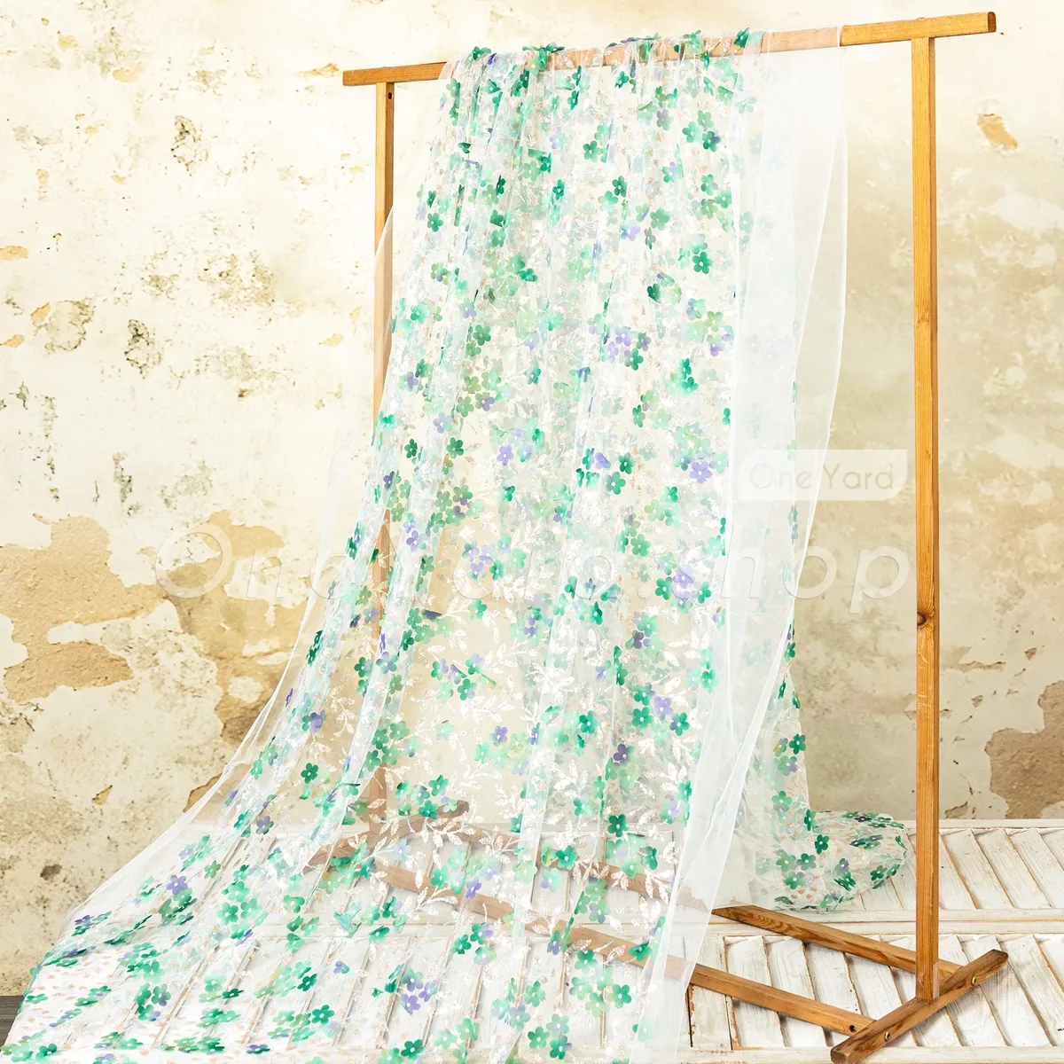 whimsical green and lilac 3D floral embroidery fabric whimsical green and lilac 3D floral embroidery fabric