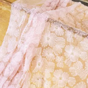 pearls beads and shimmering embroidered pink flower tulle fabric