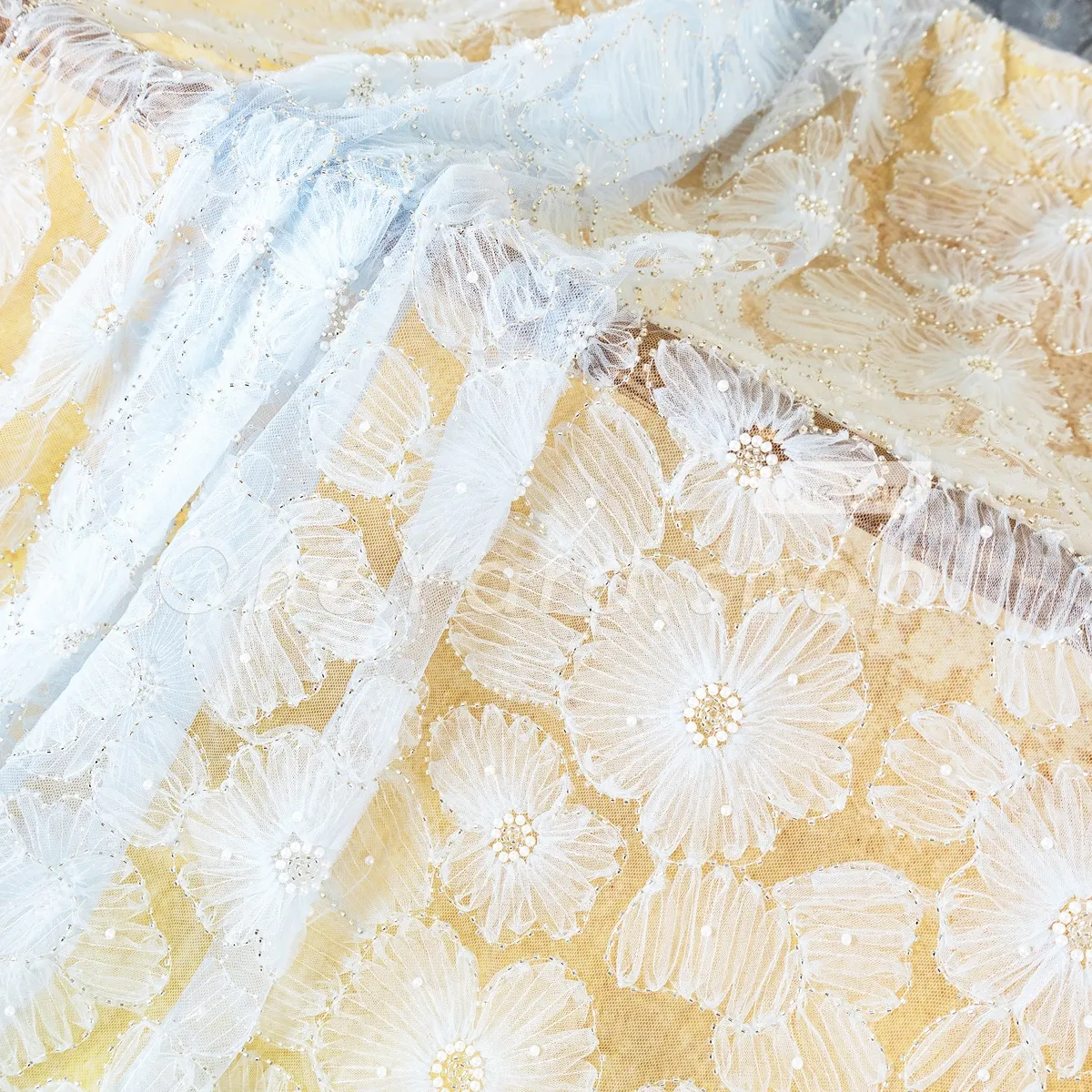 baby blue tulle flower fabric decorated with pearls and beads baby blue tulle flower fabric decorated with pearls and beads