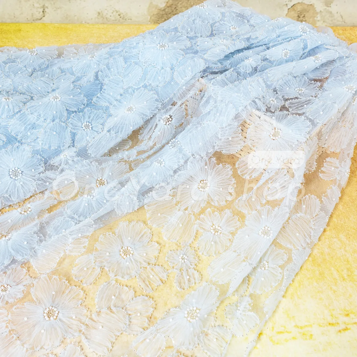 beaded baby blue 3d flower fabric for wedding gowns beaded baby blue 3d flower fabric for wedding gowns