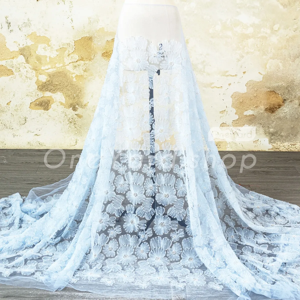pearl beaded baby blue 3d flower fabric pearl beaded baby blue 3d flower fabric