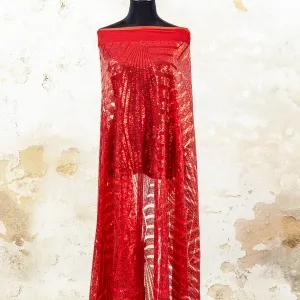 red geometric stripe sequin embroidered mesh fabric