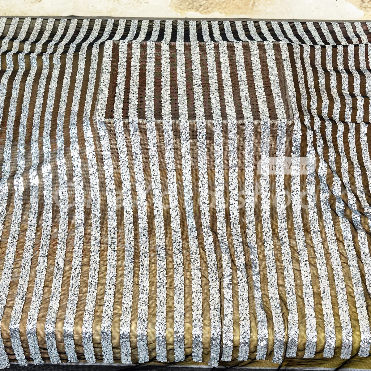 black sheer mesh fabric embellished with silver sequin stripes black sheer mesh fabric embellished with silver sequin stripes