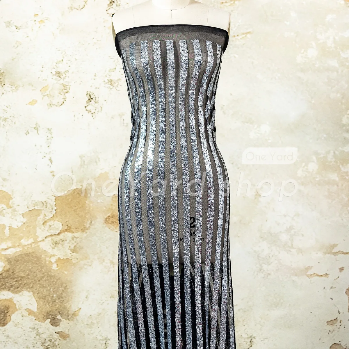 silver sequin stripes on black soft mesh base silver sequin stripes on black soft mesh base