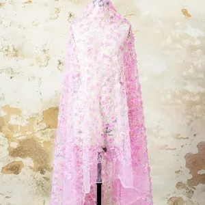 pink 3d flower embroidery sequinned tulle lace fabric