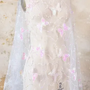 iridescent pink sequin butterfly white mesh fabric