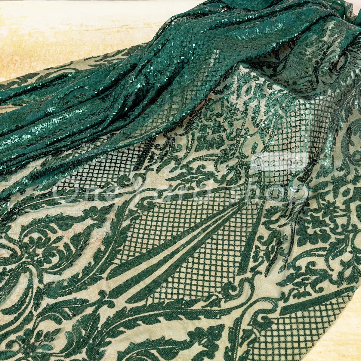 Art Deco pattern dark green sequin mesh fabric Art Deco pattern dark green sequin mesh fabric
