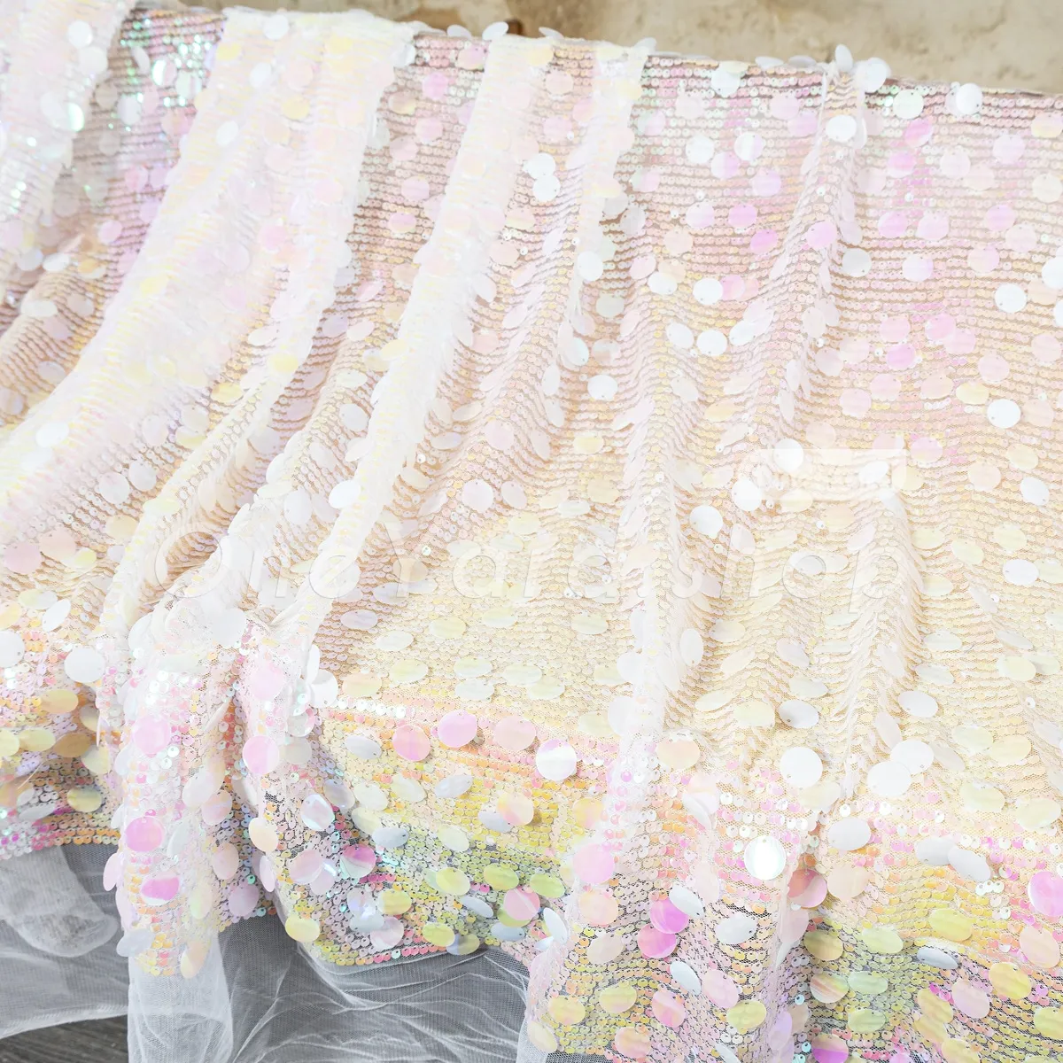 iridescent pink fabric with dual size 5mm micro sequins and 18mm large paillette sequins iridescent pink fabric with dual size 5mm micro sequins and 18mm large paillette sequins