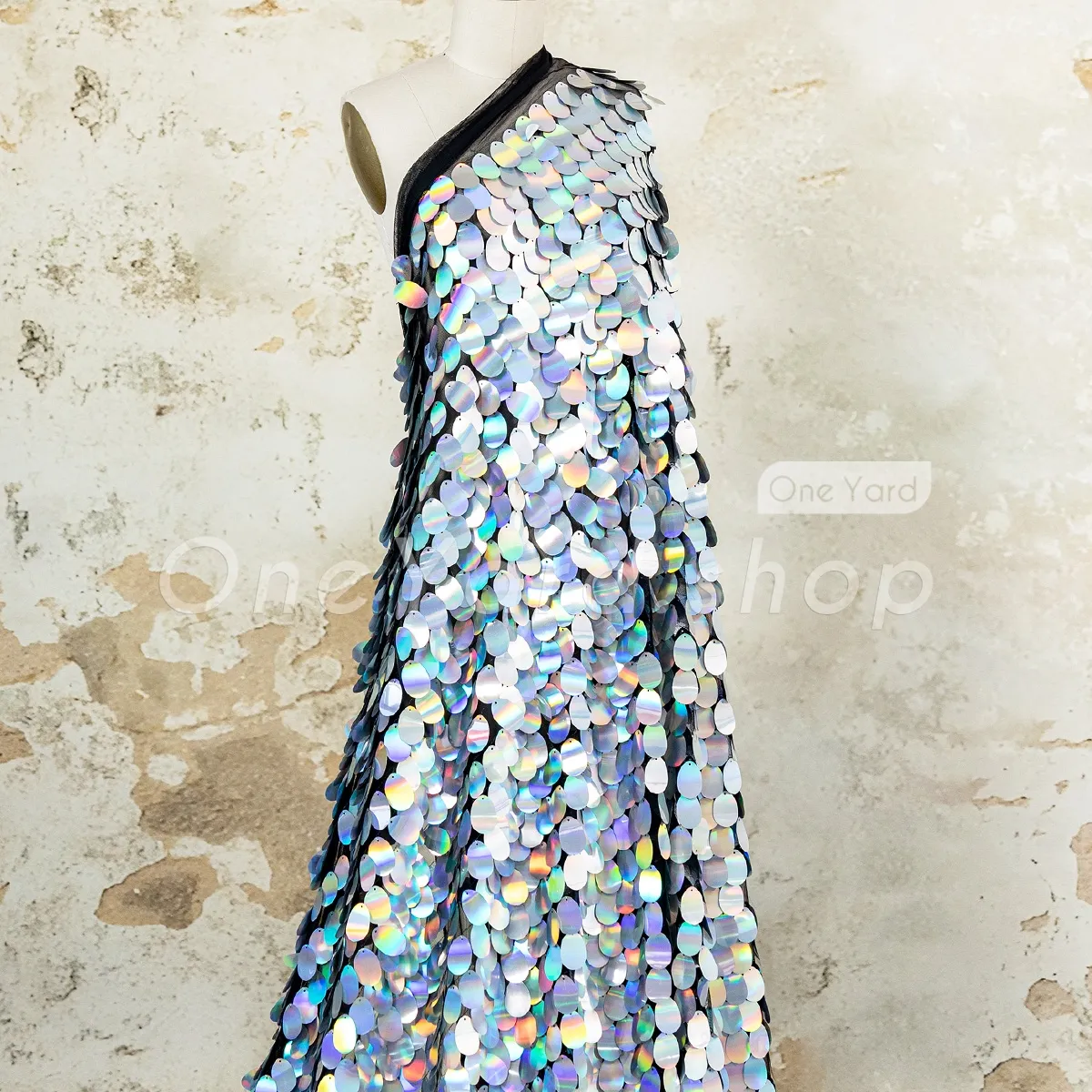 black soft mesh base holographic silver 40mm sequin fabric black soft mesh base holographic silver 40mm sequin fabric