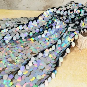 holographic silver 40mm oval sequin black mesh fabric