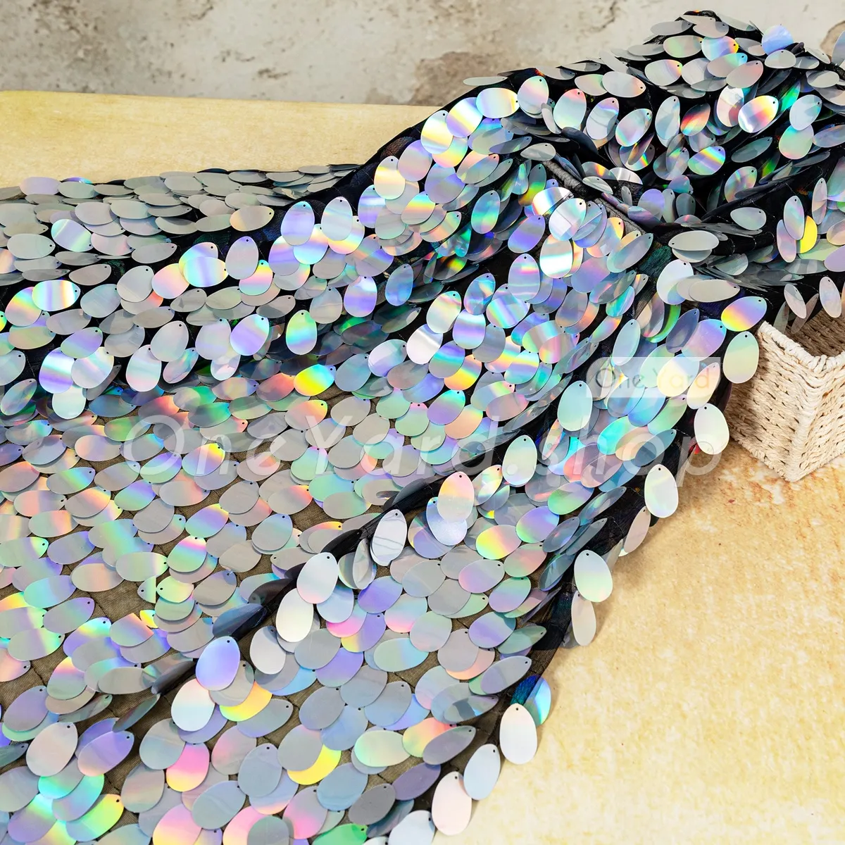 holographic silver 40mm oval sequin black mesh fabric holographic silver 40mm oval sequin black mesh fabric
