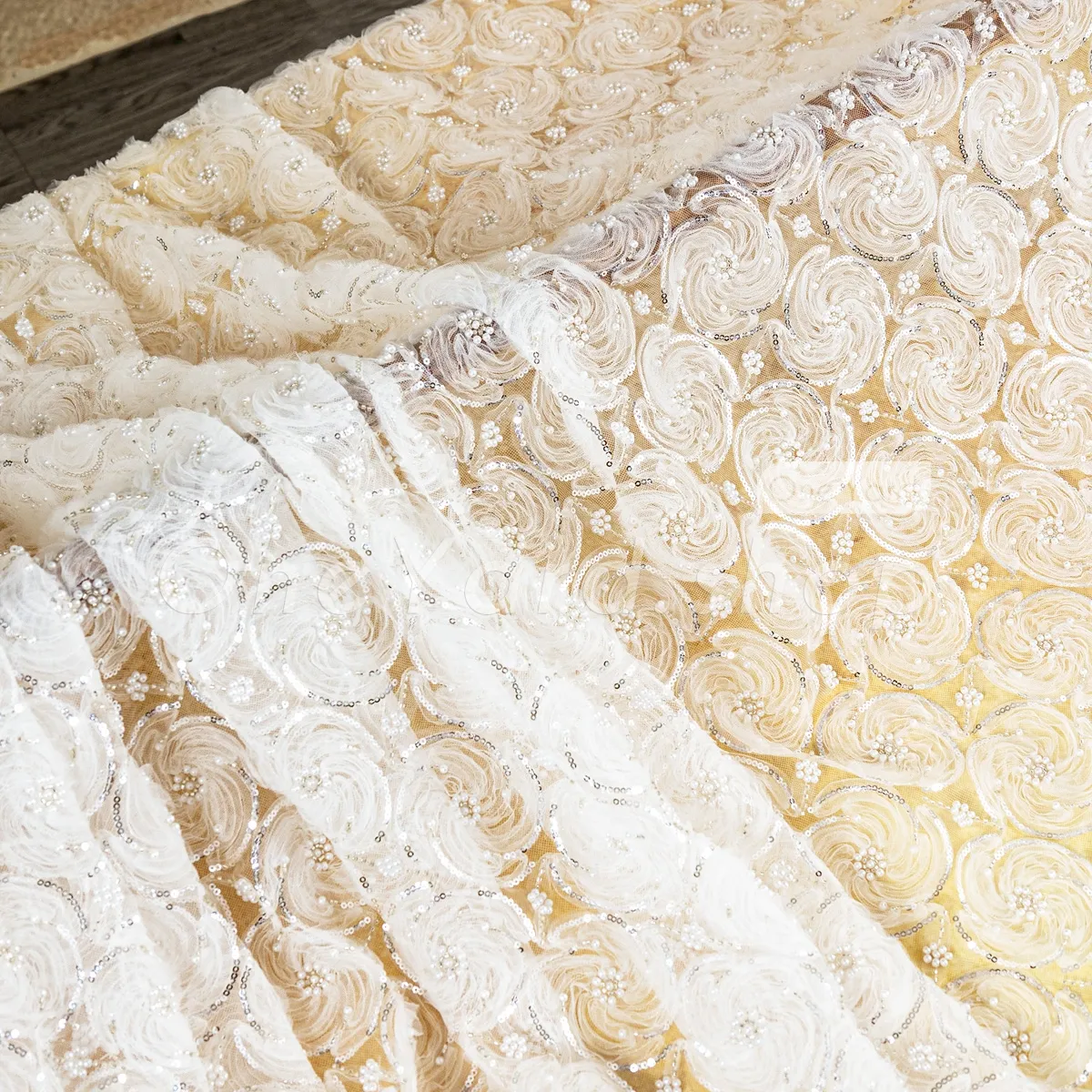 off white 3D swirl rosette beaded embroidery tulle fabric off white 3D swirl rosette beaded embroidery tulle fabric