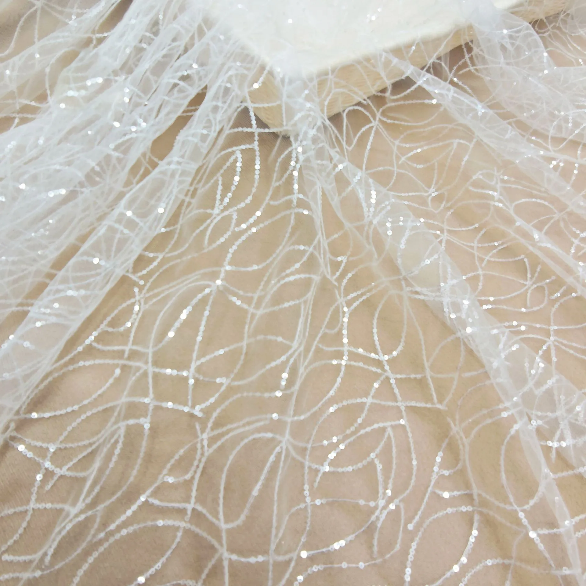 curving wave pattern clear sequins white mesh fabric curving wave pattern clear sequins white mesh fabric