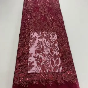botanical leaf sequined embroidered mesh fabric