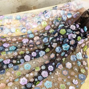 multi colored matte and glossy sequin flower mesh fabric