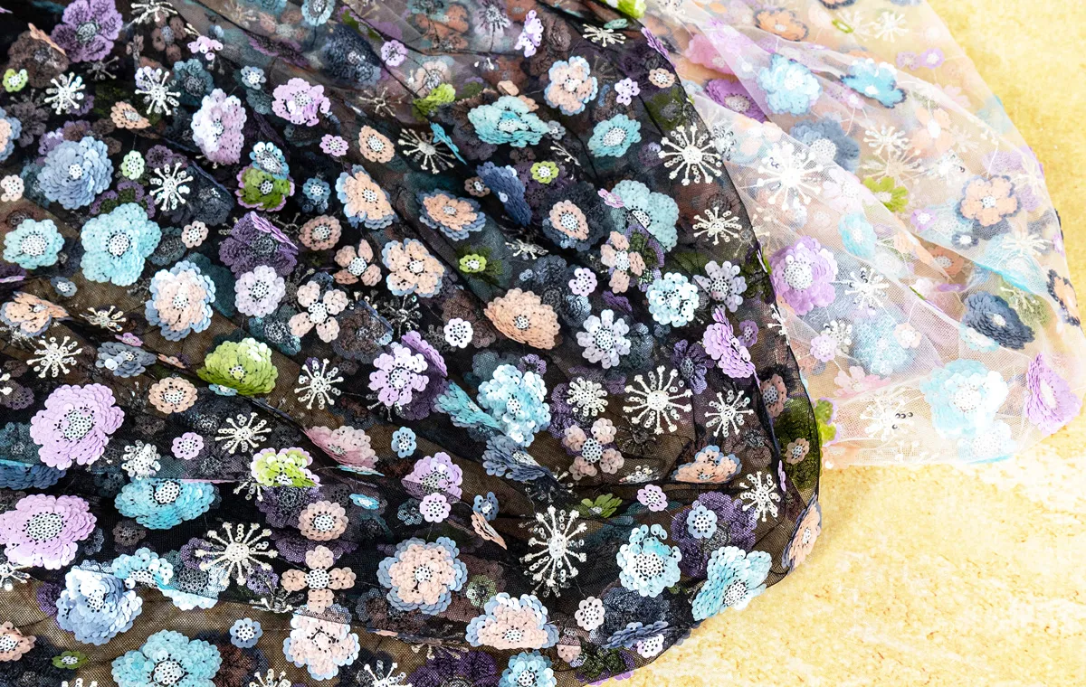 multi colored sequin flower mesh fabrics