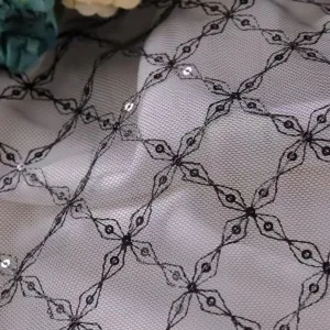 geometric diamond lattice sequined soft mesh fabric