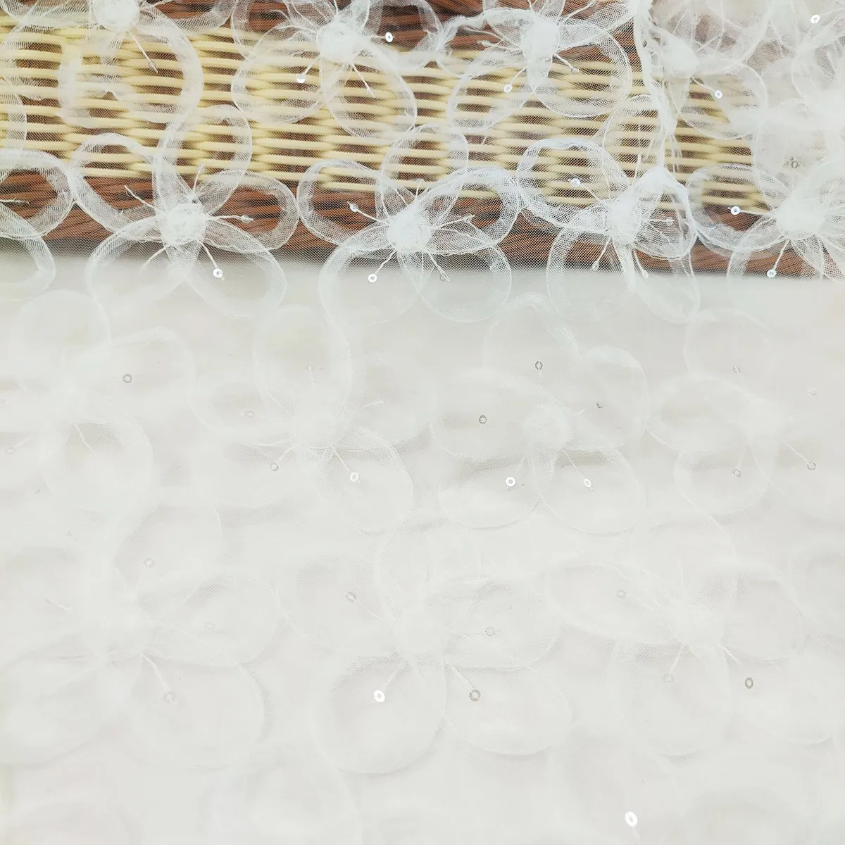 delicate 3D mesh petal flower sequined tulle embroideryfabric delicate 3D mesh petal flower sequined tulle embroideryfabric