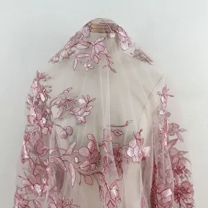 vintage rose pink botanical floral embroidery fabric