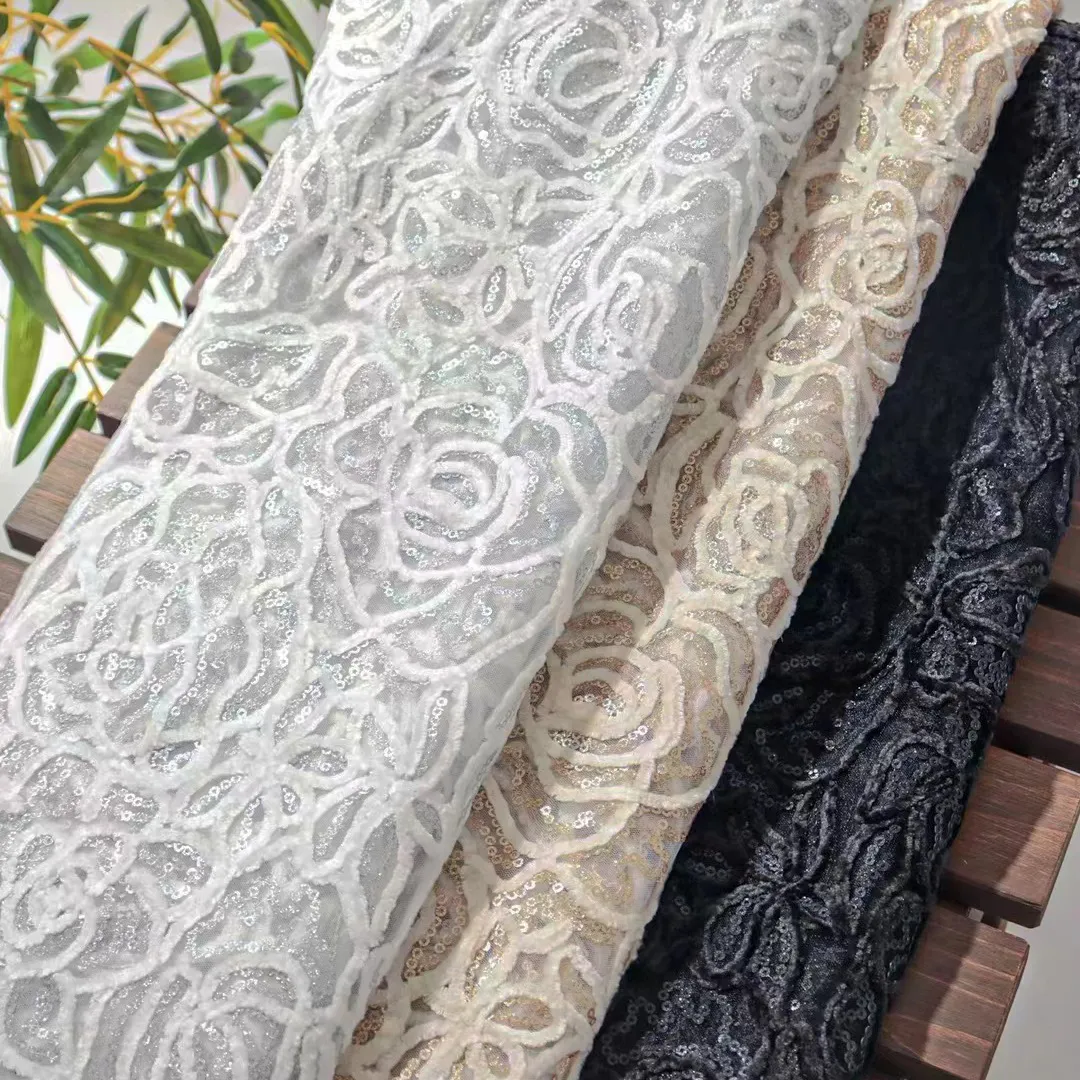 3D flocked rose floral sequined mesh fabric 3D flocked rose floral sequined mesh fabric