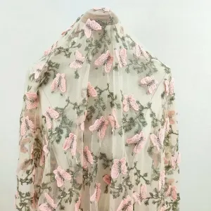 3d pink butterfly and green botanical embroidery fabric