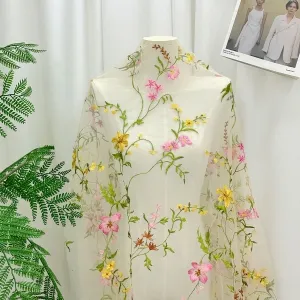 meadow garden wildflower embroidered mesh fabric