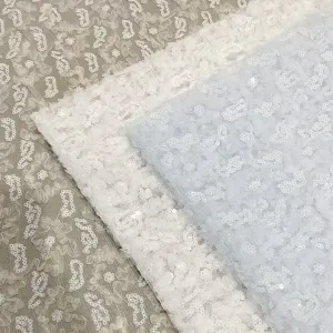 3d plush floral petal and sequined embroidery mesh fabric