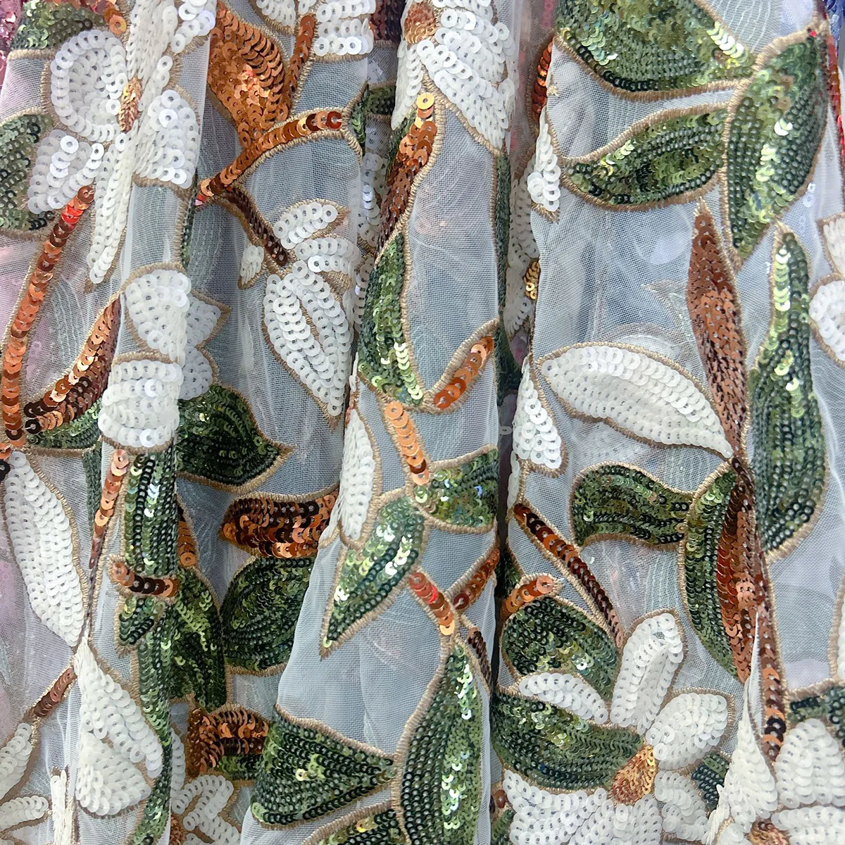 white floral and green leaf sequin embroidery fabric white floral and green leaf sequin embroidery fabric