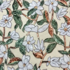 white flowers green leaves sequin lace fabric