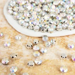 8mm round AB glass rhinestone in silver sew on settings