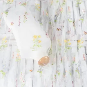 Fresh Flower & Butterfly Embroidery White Mesh Fabric