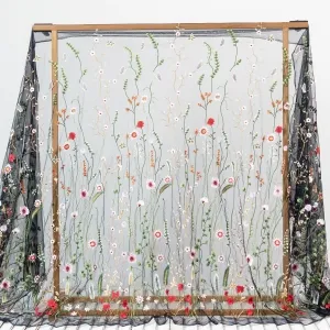 density enhanced floral embroidered black mesh fabric