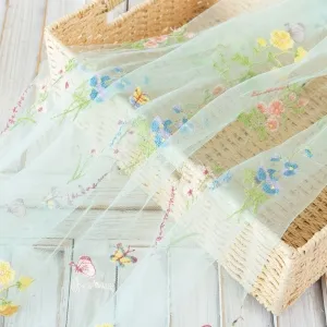 Ethereal Cyan Mesh Breezy Spring Floral Embroidery