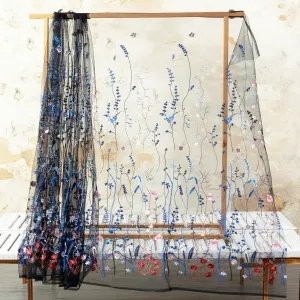 blue red plant flower embroidery black mesh fabric