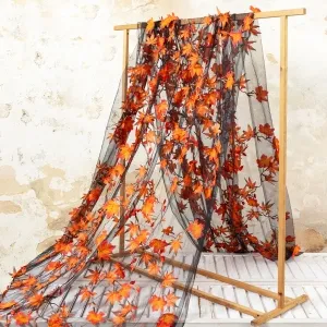 orange red 3d maple leaf embroidery decorative fabric